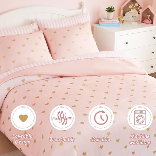 Wink Deer Queen Comforter Set with Sheets Pink Gold Heart 90x90