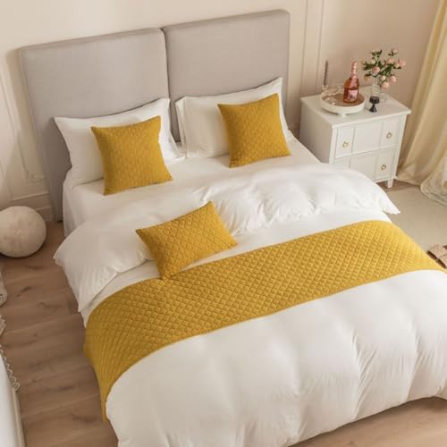 LEEMQCYA Mustard Yellow Velvet Bed Runner with Rhombus Pattern
