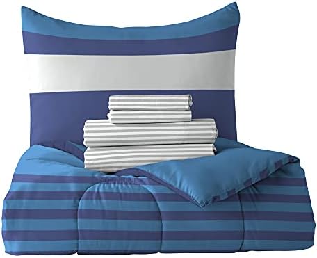 Dream Factory Kids 5-Piece Comforter Set Twin Blue Rugby Stripe