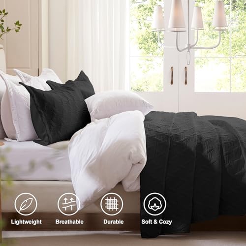 LEAONME King Size Quilt Set 3 Pieces - Black Microfiber Bedspread