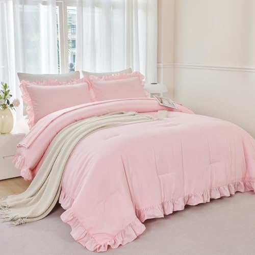 ANGIYUIN Pink Girls Comforter Set 5 Piece Bed in A Bag