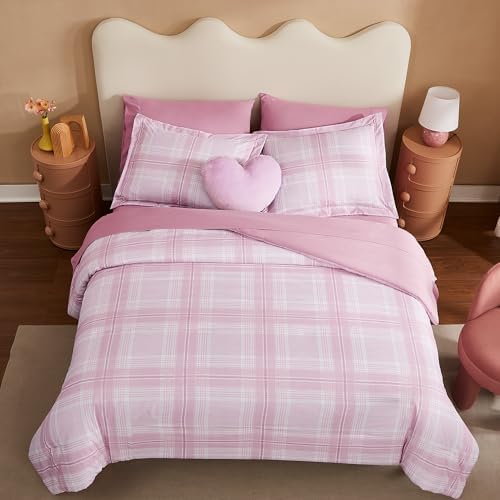 Rose Pink Plaid Comforter Set for Girls 7 Piece 1