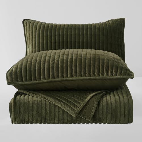Wonderful Velvet Quilt Set - 94x94 Queen Dark Green Striped Channel Stitch