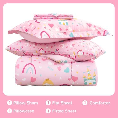 Viviland Girls Twin Comforter Set - Pink Unicorn Princess Rainbow