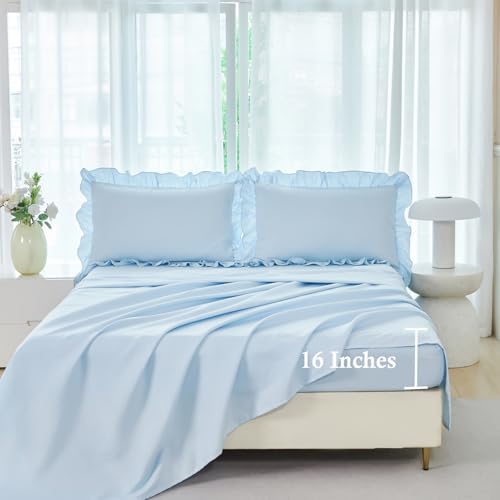 ANGIYUIN Light Blue Ruffle Comforter Set Twin Size 5 Pieces
