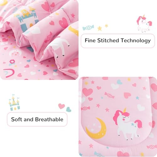 Viviland Girls Twin Comforter Set - Pink Unicorn Princess Rainbow