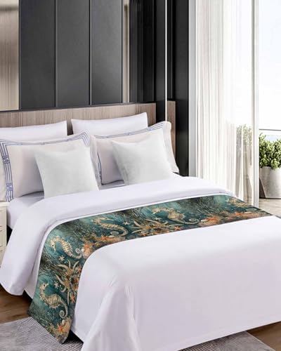 Homechoid Ocean Seahorse Green Bed Runner for King Size
