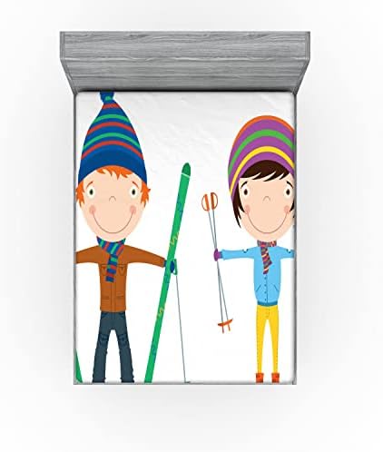 Ambesonne Sports Fitted Sheet with Funny Siblings Skis Winter Print