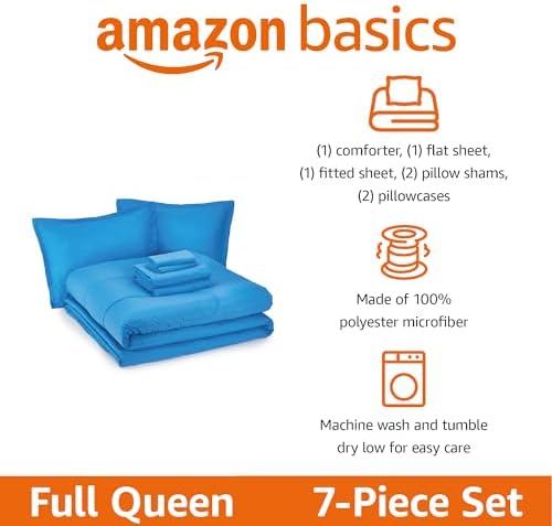 Amazon Basics 7-Piece Microfiber Kids Bed-in-a-Bag Set FullQueen Blue