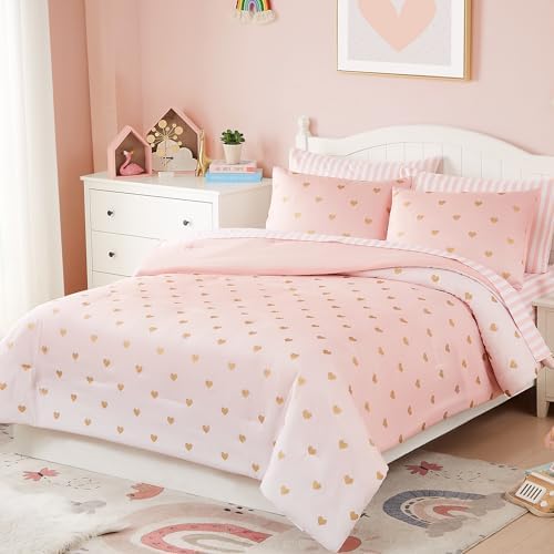 Wink Deer Queen Comforter Set with Sheets Pink Gold Heart 90x90