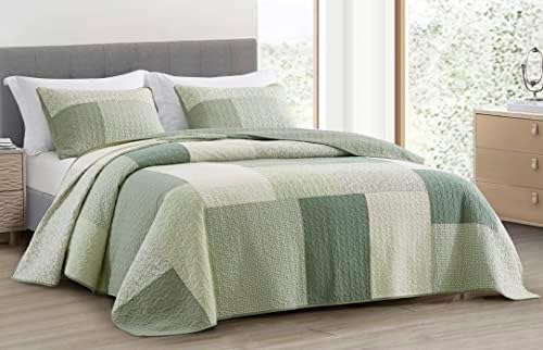 Chezmoi Collection 3-Piece Patchwork Quilt Set Green Floral Striped