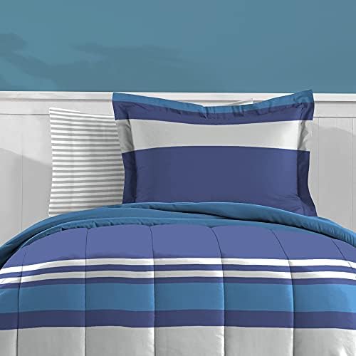 Dream Factory Kids 5-Piece Comforter Set Twin Blue Rugby Stripe