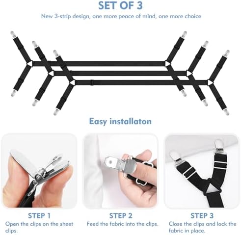 3 PCS Adjustable Bed Sheet Straps with Metal Clips - Black