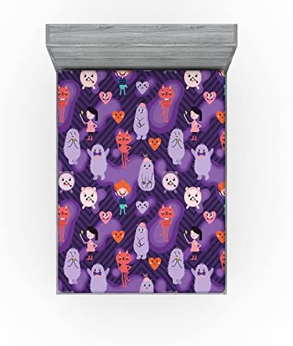 Ambesonne Cartoon Fitted Sheet Dark Purple Multicolor