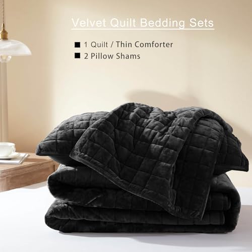 LEAONME Velvet Quilt Set - 90x98 Black Comforter with Pillow Shams