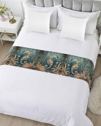 Homechoid Ocean Seahorse Green Bed Runner for King Size
