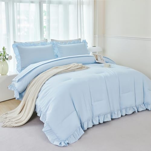ANGIYUIN Light Blue Ruffle Comforter Set Twin Size 5 Pieces