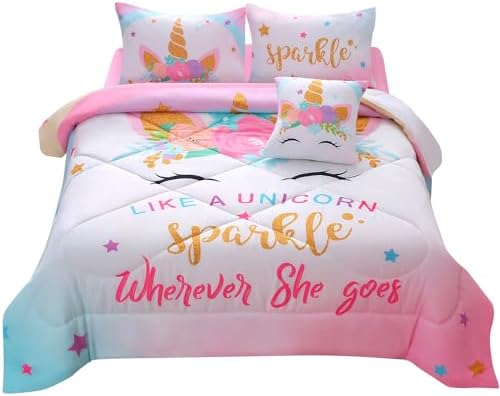 JQinHome Sparkle Unicorn Comforter Set 6 Piece Twin Bedding
