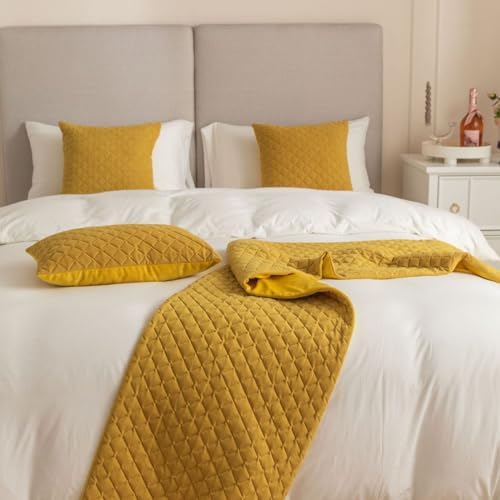 LEEMQCYA Mustard Yellow Velvet Bed Runner with Rhombus Pattern