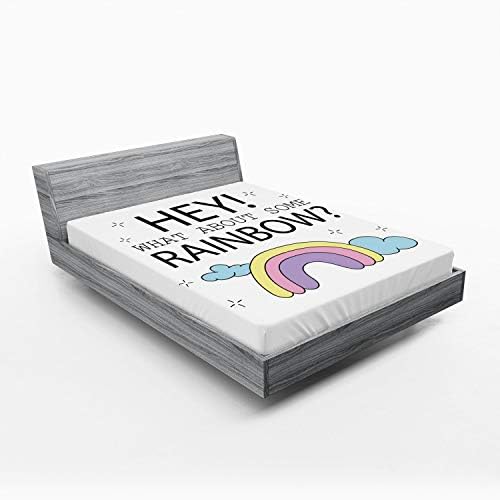 Ambesonne Girl Slogan Fitted Sheet with Rainbow Clouds and Cartoon Print
