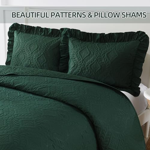 Emerald Green King Quilt Set 3 Piece Ruffled