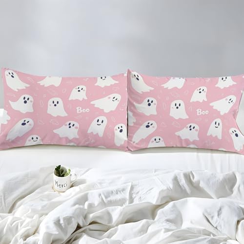 4-Piece Twin XL Cartoon Pink Ghost Fitted Sheet Set