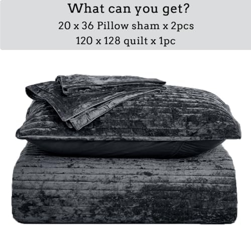 3 Piece Velvet Oversized King Quilt Set Grey Blue