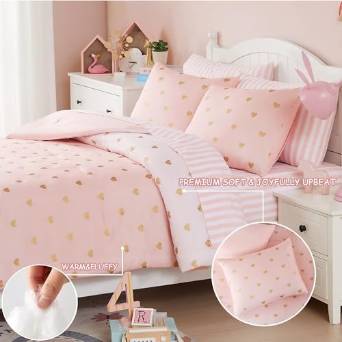 Wink Deer Queen Comforter Set with Sheets Pink Gold Heart 90x90