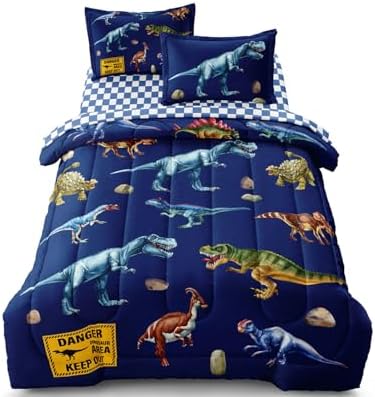 Leaflin Kid Twin Comforter Set - Dinosaur Themed Blue Bedding