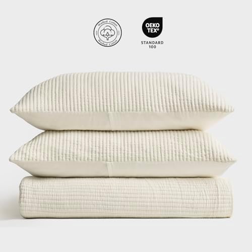 EvergraceHome Cotton Coverlet Set Full Queen 3 Pieces Eggshell Cream