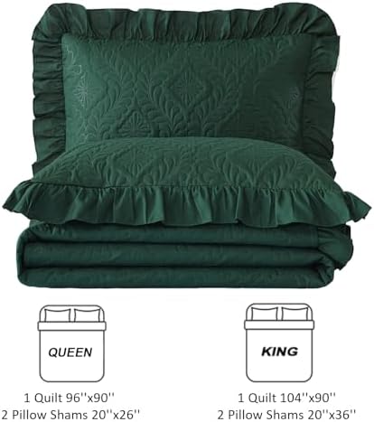 Emerald Green King Quilt Set 3 Piece Ruffled