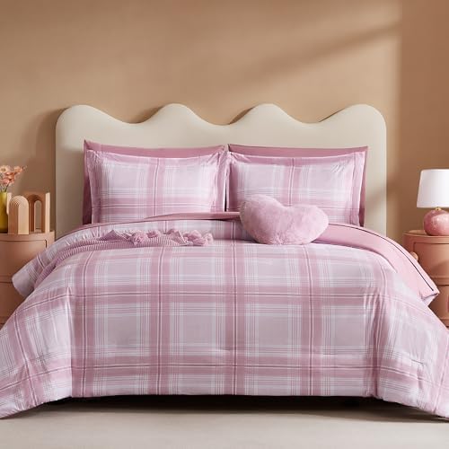 Rose Pink Plaid Comforter Set for Girls 7 Piece 1