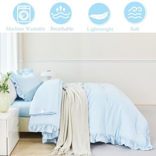 ANGIYUIN Light Blue Ruffle Comforter Set Twin Size 5 Pieces