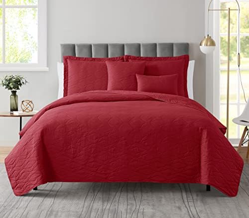 Clara Clark Queen Quilt Set - 7 Piece Burgundy Bedspread with Pillow Shams