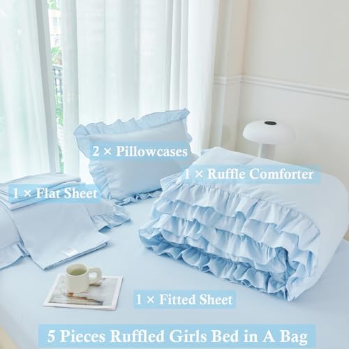 ANGIYUIN Light Blue Ruffle Comforter Set Twin Size 5 Pieces