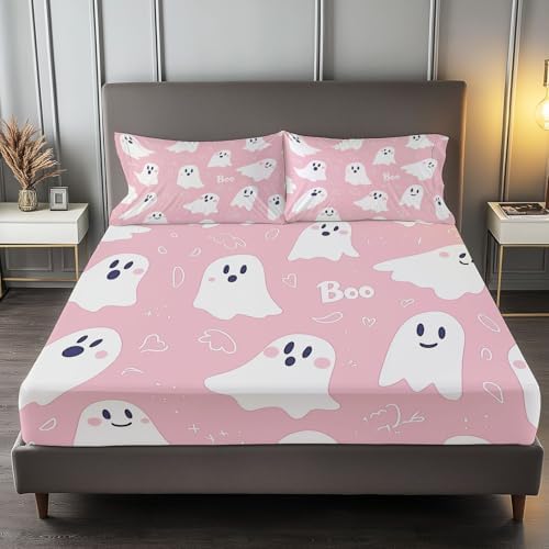 4-Piece Twin XL Cartoon Pink Ghost Fitted Sheet Set