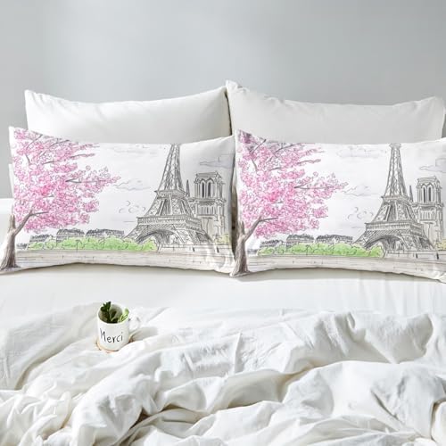 jejeloiu Paris Themed Bed Sheet Set King Size