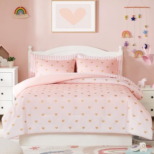 Wink Deer Queen Comforter Set with Sheets Pink Gold Heart 90x90