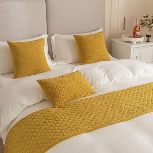 LEEMQCYA Mustard Yellow Velvet Bed Runner with Rhombus Pattern