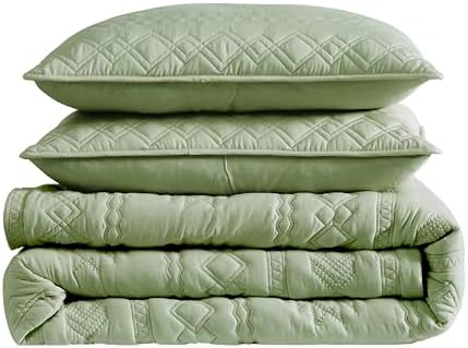 WDCOZY Boho Sage Green Queen Quilt Set with 2 Pillow Shams 1