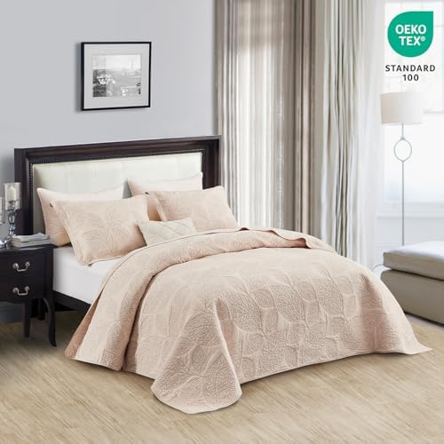 CHIXIN Botanical Cotton Quilt Set - Leaf Pattern Reversible 3 Piece Oatmeal