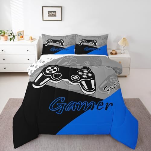 Feelyou Gaming Comforter Set for Boys Blue Black Grey