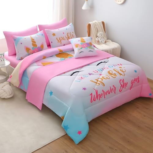 JQinHome Sparkle Unicorn Comforter Set 6 Piece Twin Bedding