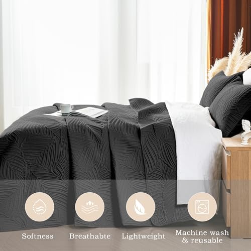 OARAGE Queen Quilt Bedding Set Black Leaf Pattern Microfiber Bedspread