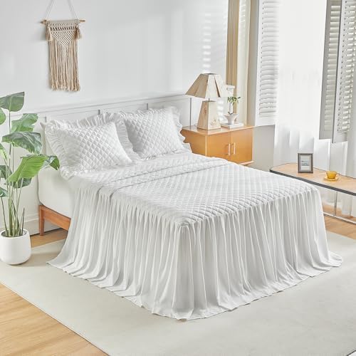 UOZZI BEDDING Ruffle Skirt Bedspread Set - King Size White
