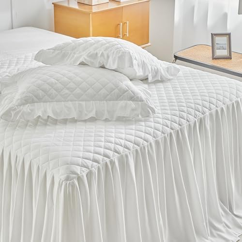 UOZZI BEDDING Ruffle Skirt Bedspread Set - King Size White