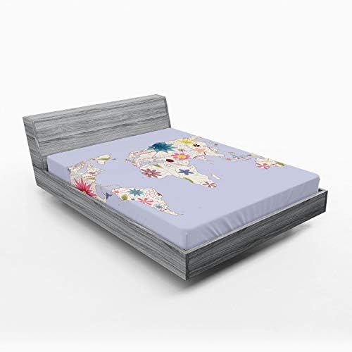 Ambesonne Floral World Map Fitted Sheet Set