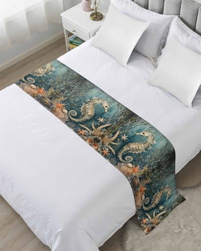 Homechoid Ocean Seahorse Green Bed Runner for King Size