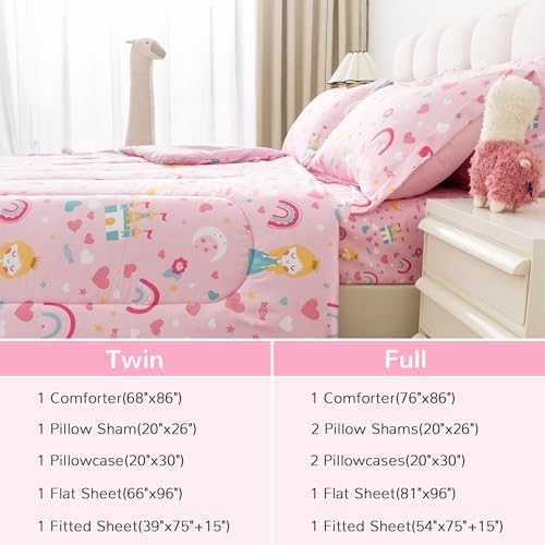 Viviland Girls Twin Comforter Set - Pink Unicorn Princess Rainbow