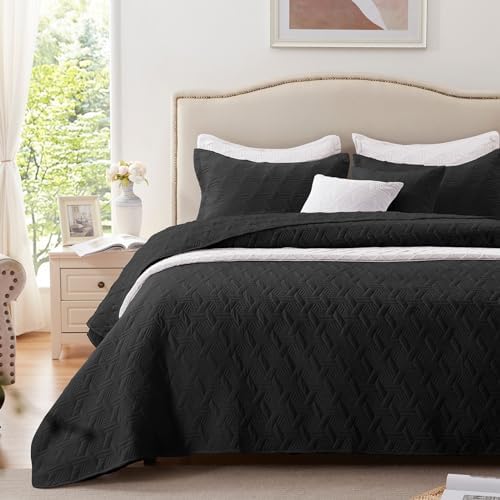 LEAONME King Size Quilt Set 3 Pieces - Black Microfiber Bedspread